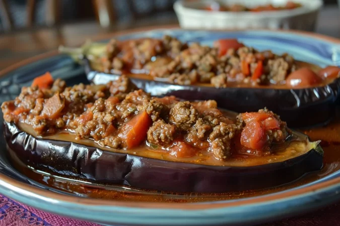 vista lateral dolma relleno de berenjena tomate pimienta con carne molida y albahaca en un plato Merca2.es