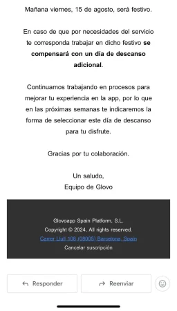 Mensaje a los riders de Glovo. 