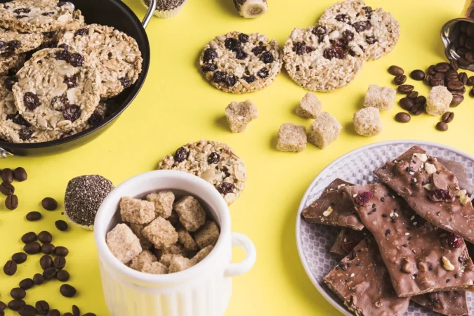 azucar morena galletas granos de cafe y barra de chocolate sobre fondo amarillo Merca2.es