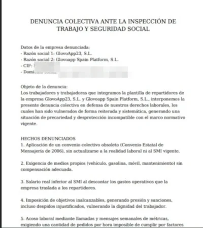 Glovo se enfrentará a una denuncia colectiva de sus riders en Inspección de Trabajo por condiciones laborales 1 Merca2.es Primera pagina del documento de la denuncia. Fuente: Merca2