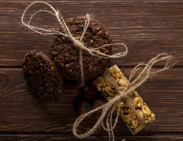 vista superior de galletas de chispas de chocolate con cereales nueces y cacao atados con una cuerda en madera 1 Merca2.es