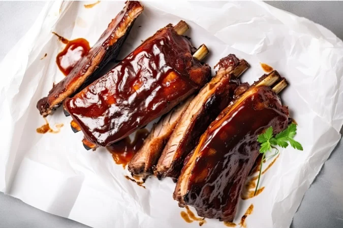 Cómo hacer en casa unas costillas barbacoa tan ricas como las del mejor restaurante americano 3 Merca2.es costillas la parrilla calientes con salsa de barbacoa en papel arrugado vista superior ai generativo 2 Merca2.es