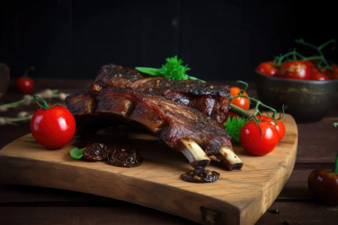 Cómo hacer en casa unas costillas barbacoa tan ricas como las del mejor restaurante americano 4 Merca2.es costillas la parrilla calientes con salsa de barbacoa en tabla de cortar y fondo negro ai generativo Merca2.es
