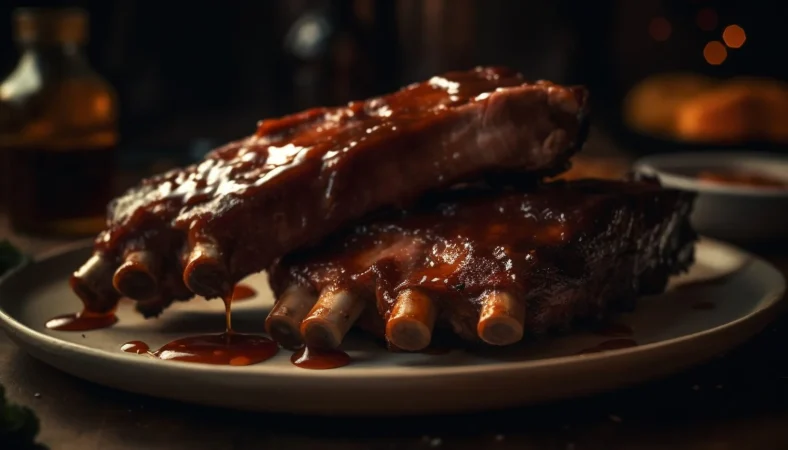 Cómo hacer en casa unas costillas barbacoa tan ricas como las del mejor restaurante americano 2 Merca2.es plato de costillas de cerdo la parrilla con salsa salada generado por ia Merca2.es