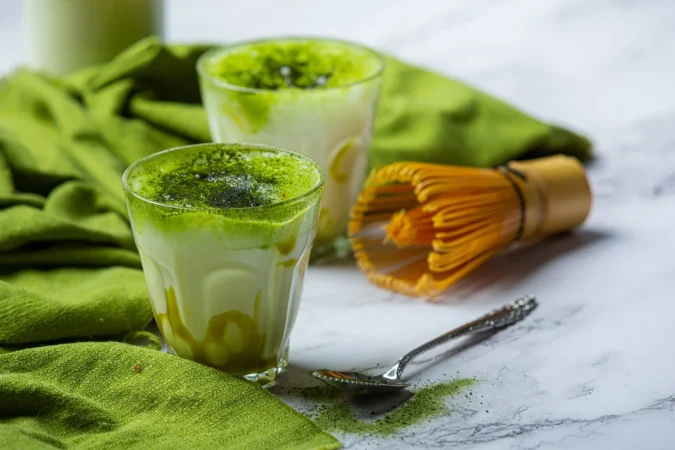 te verde caliente en un vaso con crema cubierto con te verde decorado con te verde en polvo 1 Merca2.es